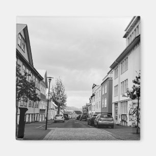 Reykjavik Street Scene Island Black and White Magnet