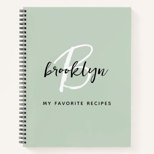 Rezept-Buch "Sage Green Black and White Monogram" Notizblock (Vorderseite)