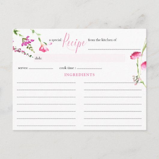 Rezept Card Feminine Pink Wildblume Brautparty Postkarte (Vorderseite)