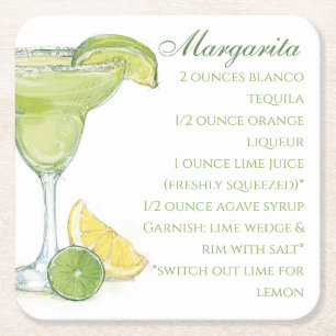 Rezept für Wasserfarben-Margarita-Cocktail Rechteckiger Pappuntersetzer