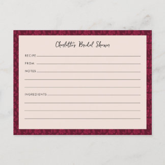 Rezept-Karte für Burgund Vintages florales Brautpa Postkarte