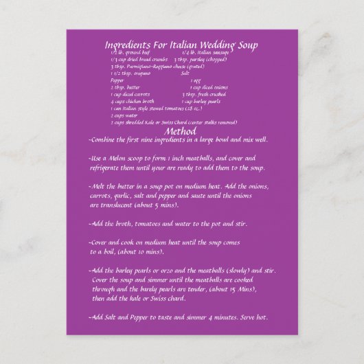 Rezept-Karte für Hochzeitsuppe Postkarte (Vorderseite)