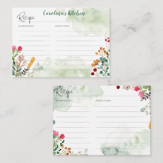 Rezept-Karte mit Aquarellfarben-Wildblumen Begleitkarte (Vorne/Hinten)