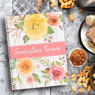 Rezept-Kochbuch, Aquarell-Blumen auf rustikalem Ho Notizblock