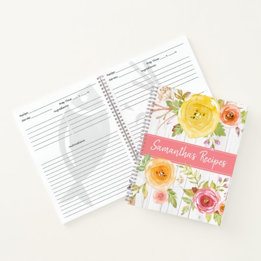 Rezept Kochbuch, Aquarellblüte auf rustikalem Holz Notizblock (Innenseite)