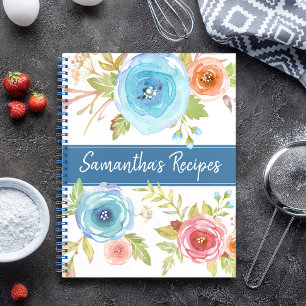 Rezept-Kochbuch, blau rote orange florale Wasserfa Notizblock