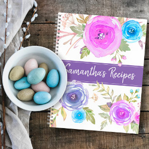 Rezept-Kochbuch chic blau lila floral Aquarell Notizblock