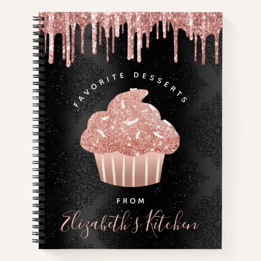 Rezept Kochbuch Cupcake Rose Gold Glitzer auf Schw Notizblock (Vorderseite)