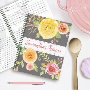 Rezept-Kochbuch rosa gelbe Blumengestaltung Wasser Notizblock