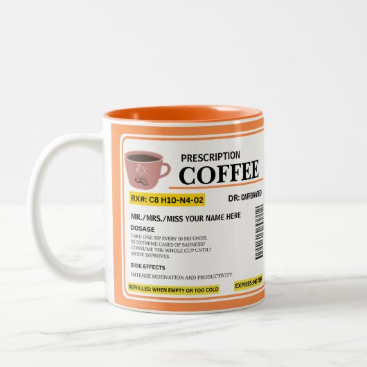 Rezept RX Verschreibung Kaffee Zweifarbige Tasse (Links)