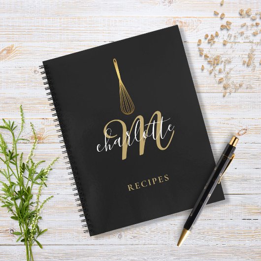 Rezeptbuch Script Monogram Black Gold Schneebesen Notizblock