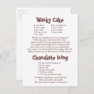Rezepte für "Wacky Cake" und "Schokolade" Postkarte