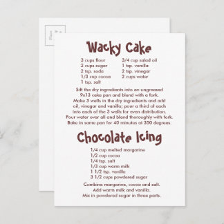 Rezepte für "Wacky Cake" und "Schokolade" Postkarte