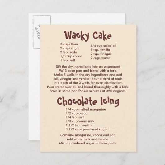 Rezepte für "Wacky Cake" und "Schokolade" Postkarte (Vorne/Hinten)