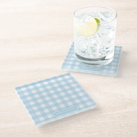 Rezepte | Gingham-Muster Hellblau und Weiß Glasuntersetzer (Schrägansicht)