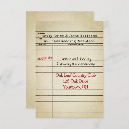 Rezeption für die Retro Library Card Hochzeit Einladung (Vorne/Hinten)