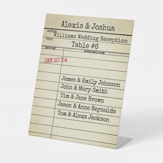 Rezeption für die Retro Library Card Hochzeit Sockelschild (Vorderseite)