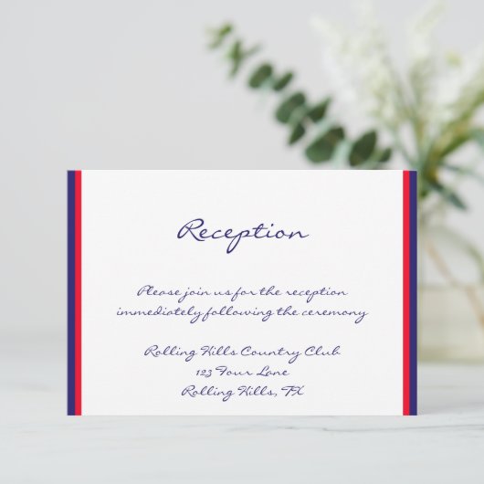 Rezeption für Hochzeiten in Rot und Blau Begleitkarte (Stehend Vorderseite)