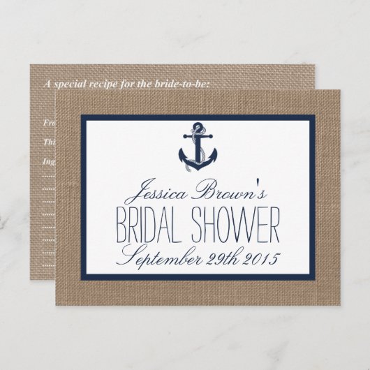 Rezeptionskarten für Nautic Anchor Burlap-Brautpar Einladungspostkarte (Vorne/Hinten)