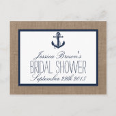 Rezeptionskarten für Nautic Anchor Burlap-Brautpar Einladungspostkarte (Vorderseite)