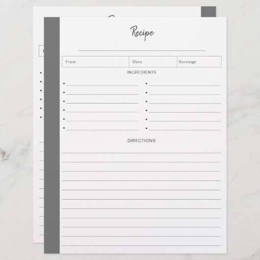 Rezeptseiten in Grau-Buchstaben-Format (Vorne/Hinten)