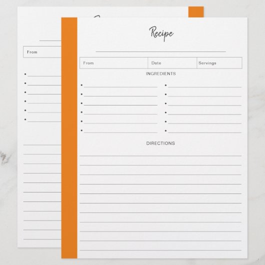 Rezeptseiten in orangefarbenem Buchstabenformat (Vorne/Hinten)