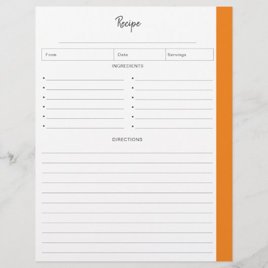 Rezeptseiten in orangefarbenem Buchstabenformat (Rückseite)