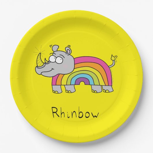 Rhinbow Rhino-Regenbogen-Papier-Teller-Gelb Pappteller (Vorderseite)