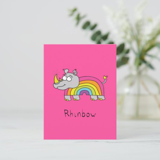 Rhinbow Rhino Regenbogen Postkarte Rosa (Stehend Vorderseite)