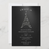 Rhinestones Eiffel Paris Black Minimal Sweet 16 Einladung (Vorderseite)