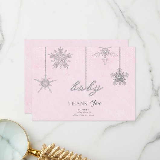Rhinestones Glitzer Schneeflocken Pink Winter Baby Dankeskarte (Vorderseite/Rückseite Beispiel)