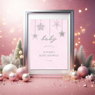 Rhinestones Snowflakes Pink Baby Dusche Willkommen Poster
