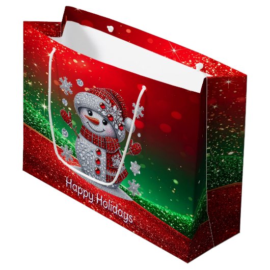 Rhinestones Snowman Holiday Gift Bag Große Geschenktüte (Vorderseite Schrägansicht)