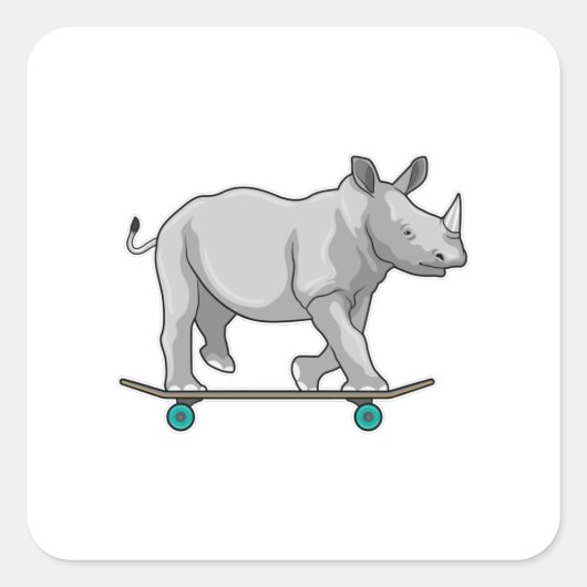Rhino als Skater mit Skateboard Quadratischer Aufkleber (Vorderseite)