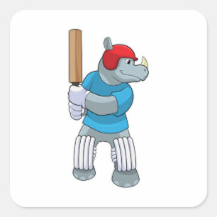 Rhino auf Cricket mit Cricket-Fledermaus Quadratischer Aufkleber