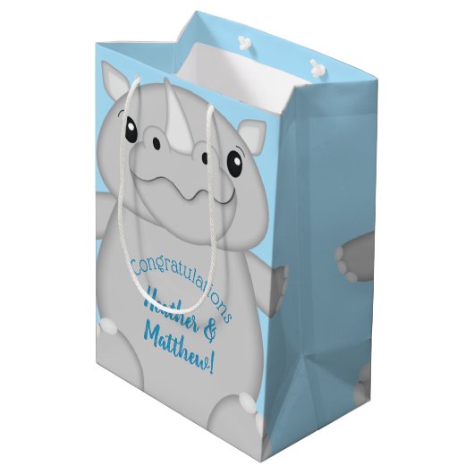 Rhino Baby Shower Blue Mittlere Geschenktüte (Rückseite Schrägansicht)