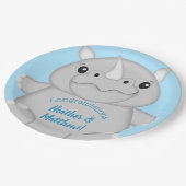 Rhino Baby Shower Blue Pappteller (Schrägansicht)