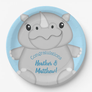 Rhino Baby Shower Blue Pappteller