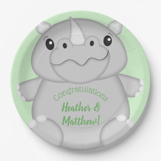 Rhino Baby Shower Green Pappteller (Vorderseite)