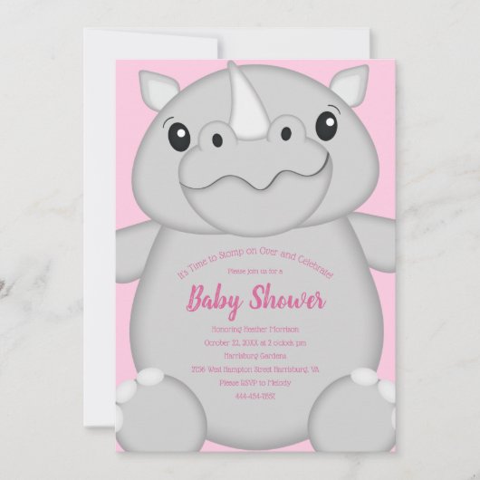 Rhino Baby Shower Safari Pink Girl Einladung (Vorderseite)