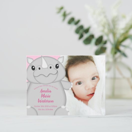 Rhino Baby Shower Safari Pink Girl Postkarte (Stehend Vorderseite)