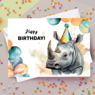 Rhino Balloons und Party Hat Rhinoceros Geburtstag Karte