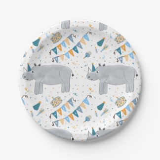 Rhino Birthday Party Paper Tellers, 7" Pappteller