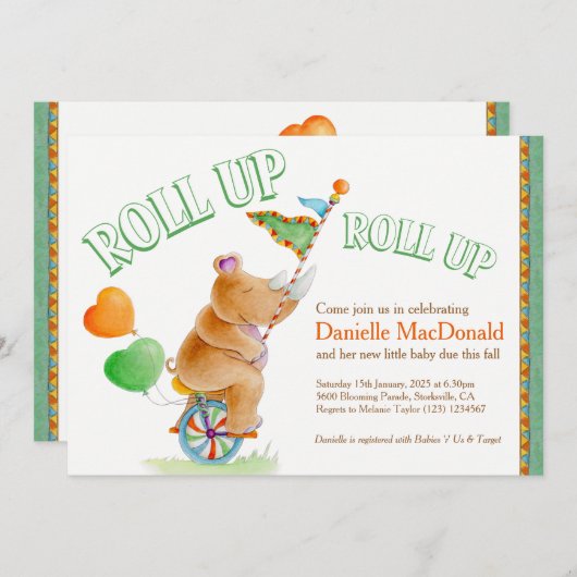 Rhino Elefant Aquarellbraun Babydusche Einladung (Vorne/Hinten)