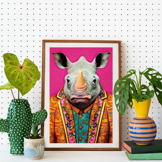 Rhino in Funky Anzug Portrait Animal Fashion Art Poster