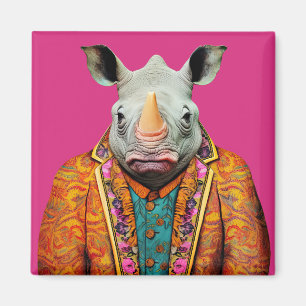 Rhino in Funky Anzugs Animal Fashion Art Pink Magnet