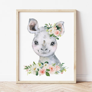 Rhino, Safari, Dschungel, rosa Blume, Girl-Kinderz Poster