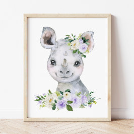 Rhino, Safari, Purple Flowers, Gender Neutral Poster