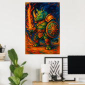 Rhino Warrior Wall Art – Fiery Sword Guardian Poster (Heimbüro)