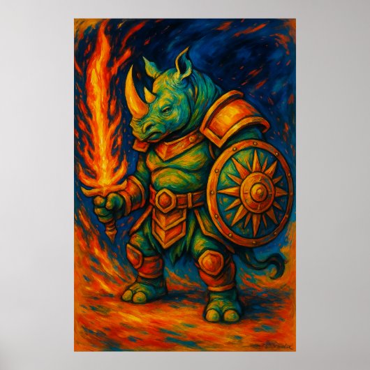 Rhino Warrior Wall Art – Fiery Sword Guardian Poster (Vorne)